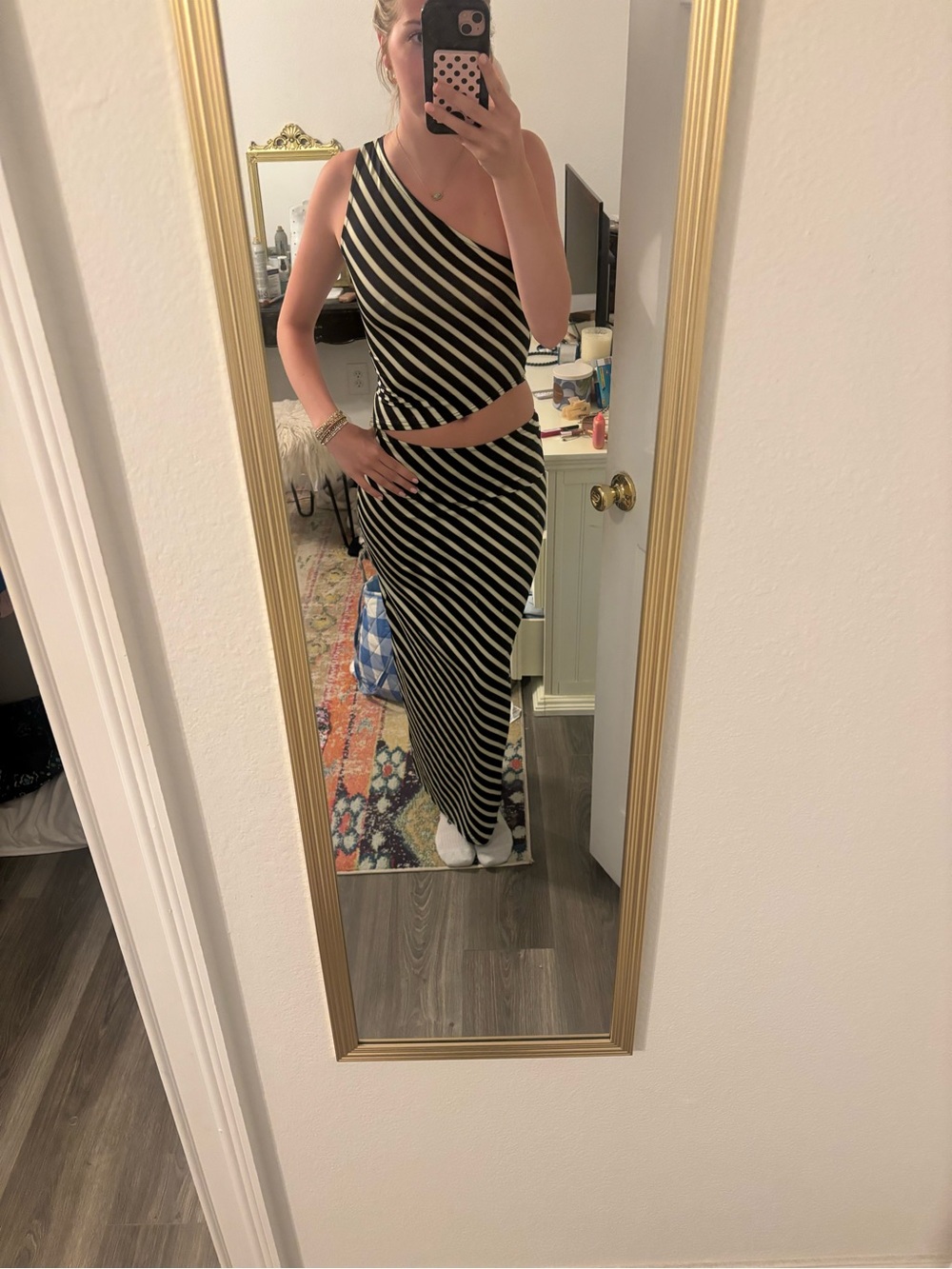 One-Shoulder Black and White Striped Maxi Dress